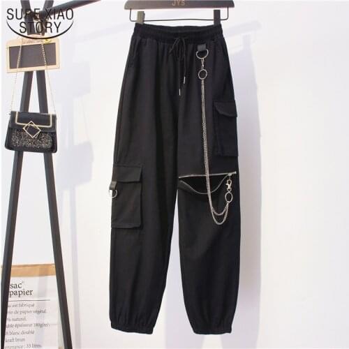 Women Capri Elastic Strap with Chain Black High Waist Zipper Casual Cargo Pants Harem Pants for Women Mujer Pantalones 10652