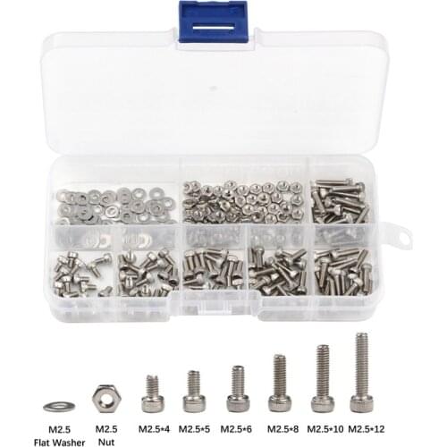 250Pcs DIN912 M2.5 304 Stainless Steel Hexagon Socket Head Cap Screws Bicycle Hex Bolts Assortment Kit