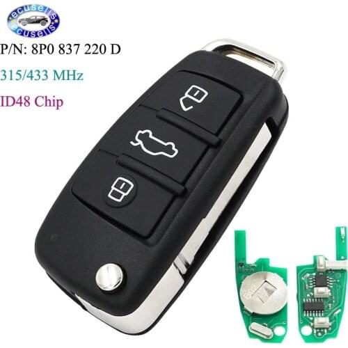 3 Buttons Folding Remote Key Keyless Entry 315MHz or 433MHz with ID48 Chip for Audi A3 TT 2004-2013 8P0837220D