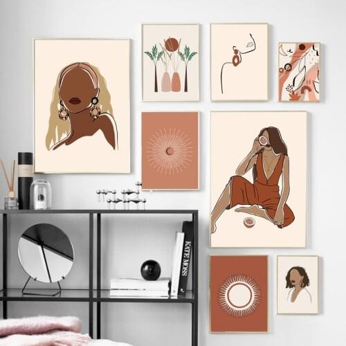 Abstract Girl Sun Plants Illustration Fashion Art Canvas Painting Nordic Posters And Prints Wall Pictures For Living Room Decor