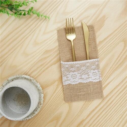 Burlap Lace Cutlery Pouch Rustic Wedding Tableware Knife Fork Holder Bag Hessian Jute Napkins Table Decor for Party Birthday