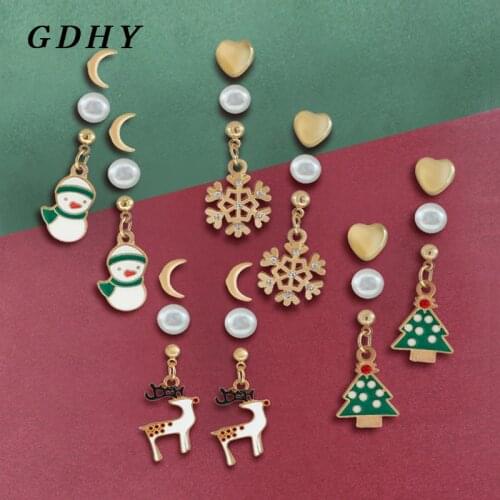 GDHY Cute Christmas Earrings Elk Snowflake Santa Claus Snowman Christmas tree Jewelry Sun Moon Pearl Stud earring New Year Gifts
