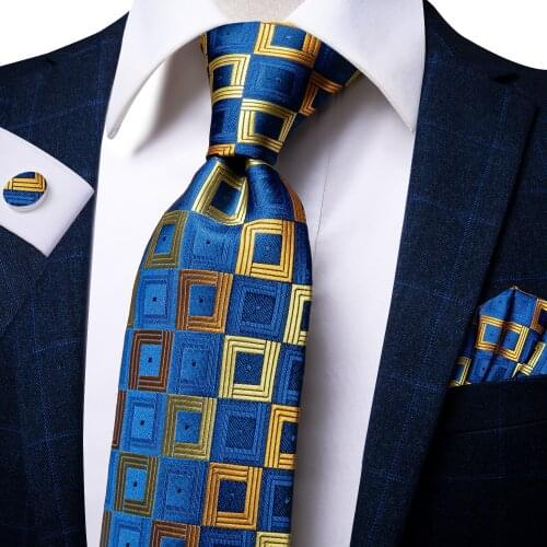 Hi-Tie New Yellow Blue Plaid Mens Tie Set Luxury Silk 8.5cm Large Necktie For Men Fashion Hanky Cufflinks Set Wedding Quality