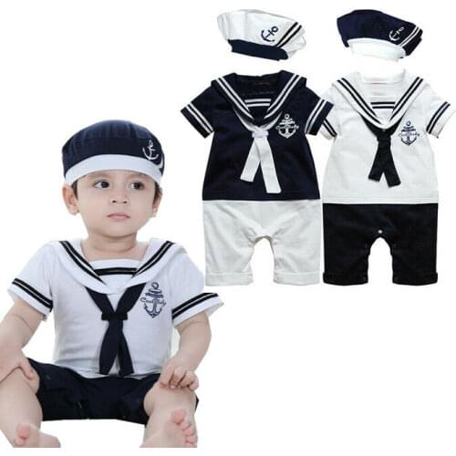 2PCS Newborn Baby Boys Sailor Suits Toddler Outfit Short Sleeve Romper Jumpsuits Shorts Summer Clothes