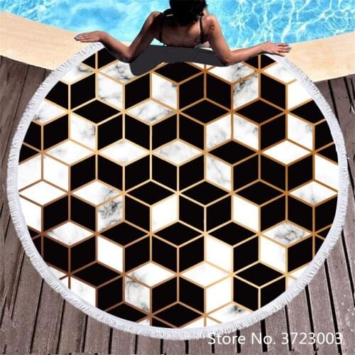 Geometric Marbling 3D Print Pattern Microfiber Round Beach Towel Summer Sunbathing Beach Towel Yoga Mat Outdoor Picnic Mat