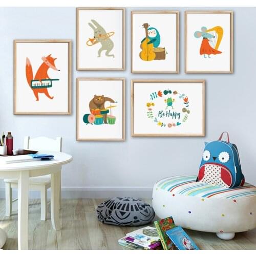 Fox Bear Rabbit Mouse Bird Guitar Cello Trumpet Wall Art Canvas Painting Nordic Posters And Prints Wall Pictures Kids Room Decor