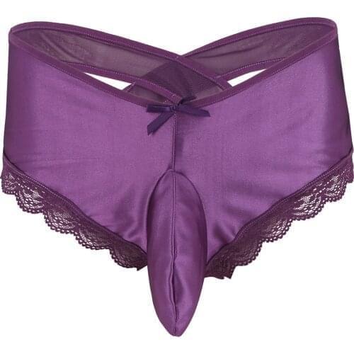 Mens Lingerie Underwear Floral Lace Bowknot Back Criss-cross Briefs Underpants Low-rise Elastic Waistband Bulge Pouch Panties