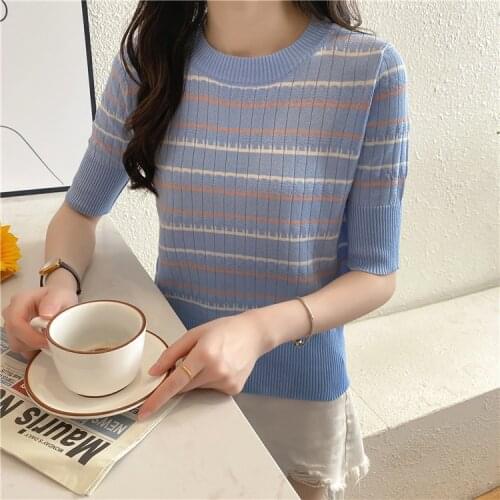 2021 Spring And Summer New Short-Sleeved Woman O-neck Striped Pullover Slim Fashion Knitted Bottoming T-Shirt