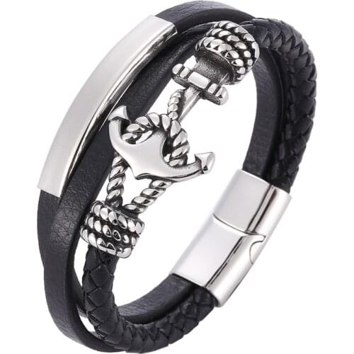New Black Multilayer Leather Bracelet Men Stainless Steel Anchor Magnetic Clasp Braided Leather Bangles Punk Rock Jewelry SP1087
