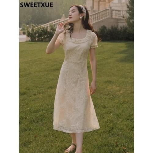 SWEETXUE Romantic Lace Dress Female Summer 2021 Lolita French Princess Party Dress Vintage Elegant Fashion Sweet Chic Long Dress