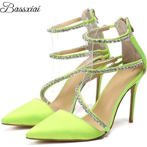 Diamond Rhinestone Narrow Band Sandals Women 10cm Thin High Heels Back Zip Luxury Satin Suede Party Shoes Woman Summer