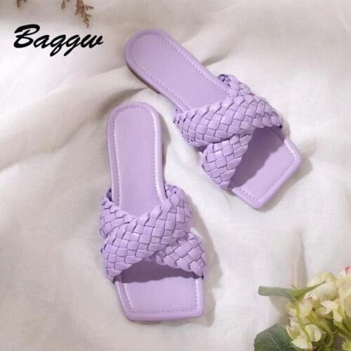 Women Slippers Fashion Solid Color Woven Upper Crisscross Square Toe Flat Shoes Female Classic Beach Open Toe Sandals Plus Size