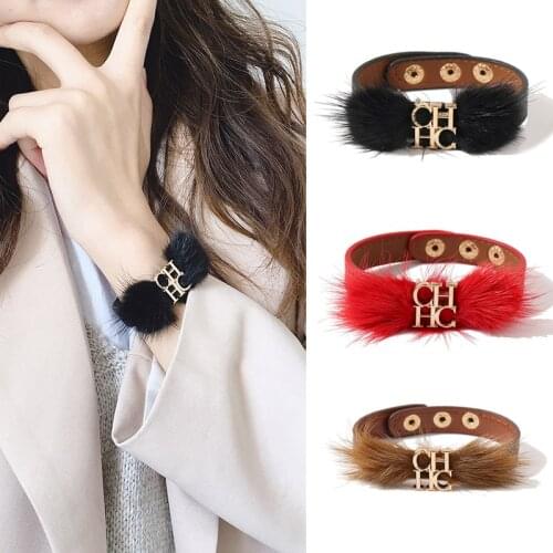High Quality PU Leather Button Design 316L Steel CHHC Letter Plush Bowknot Style Charm Bangle Women Jewelry Wholesale