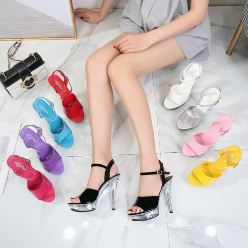Womens Shoes Classic Sandals Crystal Platform Leather Peep-Toe Buckle High Heel Fashion Summer Party Shoes Candy Color 13-15cm