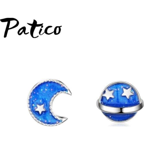 Classical Style New Asymmetry Earth&Moon Stud Earrings Real 925 Sterling Silver Fashion Dark Blue CZ Earrings For Women