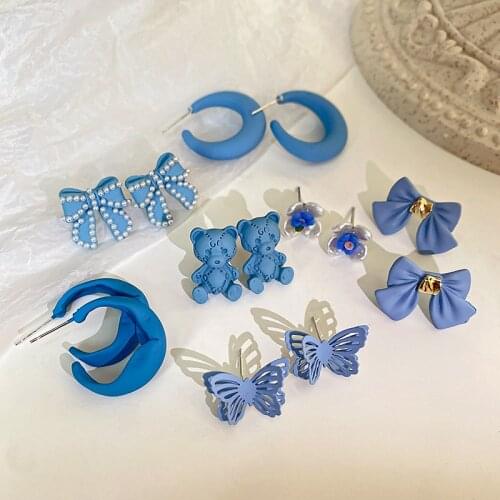 Minar Multiple Blue Color Bowknot Butterfly Bear Earrings for Women Girls Resin Arcylic Flower C Shape Drop Earrings Pendientes