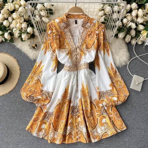 Amolapha Autumn Women Temperament Elegant European American OL Style Vintage Printed Slim Waist Big Swing Evening Party Dress