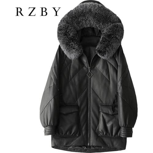 Womens natural fur coat 100% real Genuine Leather jacket Sheep fox fur collar coat M-2XL White duck down jacket women coat