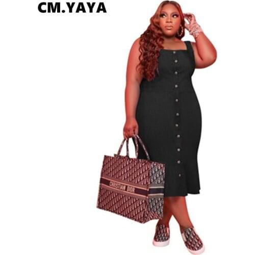 CM.YAYA Women Plus Size Dress Solid Sleeveless Strap Back Bandage Hollow Out Stretchy Midi Dresses Sexy Fashion Vestidos Summer