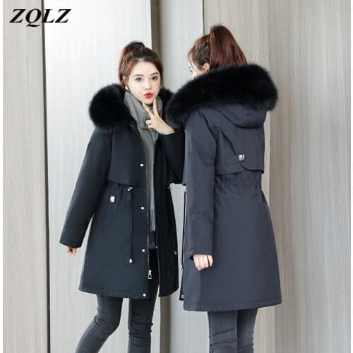 ZQLZ Hooded Plus Size Winter Jacket Women Thick Warm Long Parka Mujer Slim Casual Black Overcoat Femme Fur Collar Coat Female