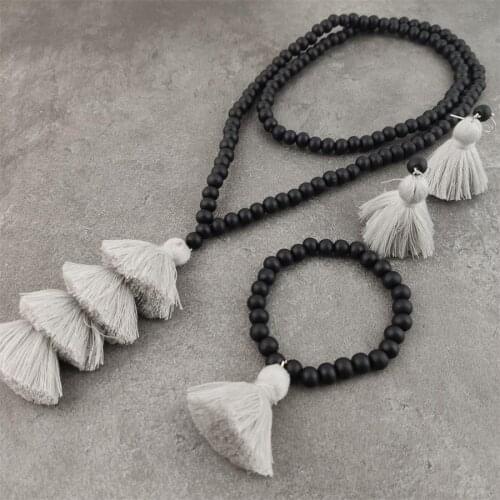 20colors Wood Beads Tassel Necklace Set Vintage Ethnic Boho Long Necklace for Women Sweater Dress