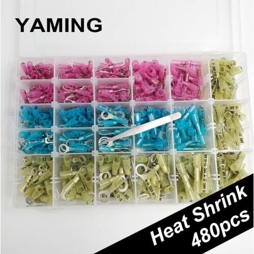 480pcs/box Heat Shrink Terminal Boxed Electrical Connector Combined Transparent Ring Fork Set Wiring Wire Connection