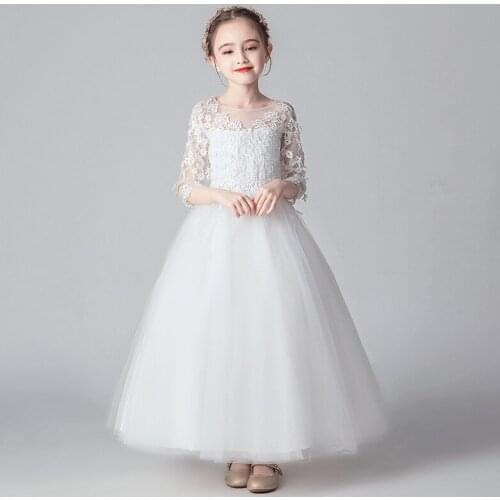 White Flower Girls Dresses For Wedding Tulle Lace Long Girl Dress Party Christmas Dress Children Princess Costume For Kids