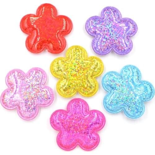 12Pcs Glitter Flower Shaped Garment Pads Patches Laser PU Fabric Felt Appliques for Hair Hat Decorative Ornament Accessoies F54