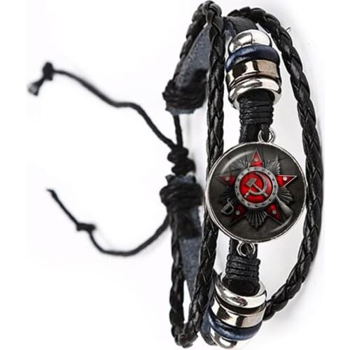 CCCP USSR Soviet Army Red Star Adjustable Leather Bracelet Glass Cabochon Art Round Russian Badges LOGO Jewelry For Friends Gift