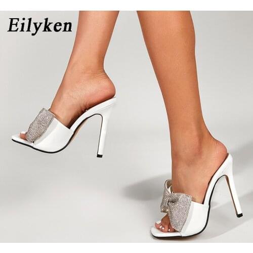 Eilyken Summer Women High Heels Mules Slippers Female Peep Toe Stiletto Heels Slippers Silver Bling Butterfly-knot Shoes