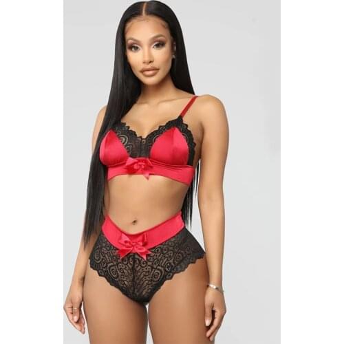 2Pcs Sexy Lingerie Set Women Lace Pattern Bow Satin Trim Straps Bra Set Halter Open Deep V Hot Erotic Underwear Sets