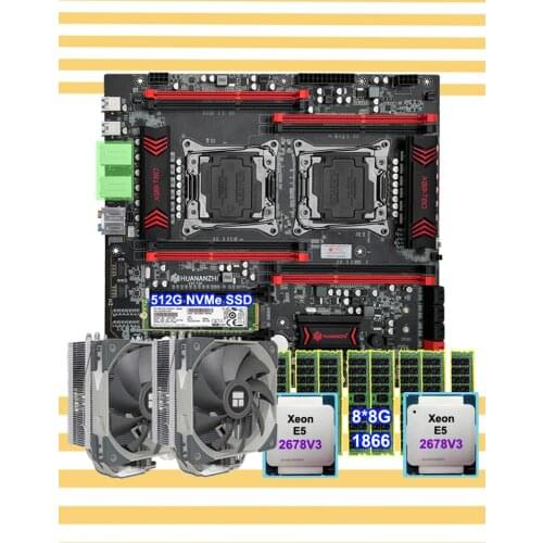 HUANANZHI X99-T8D Motherboard with 512G NVMe SSD Dual Xeon Processor E5 2678 V3 with CPU Coolers Memory 64G 8*8G 1866 REG ECC