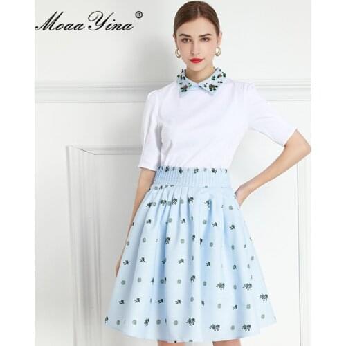 MoaaYina Fashion Set Spring Womens Long sleeve Beaded Turn-down Collar White Blouses Tops+Floral Print skirt Two-piece set
