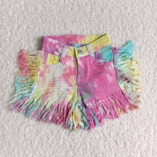 Fashion Tie Dye denim Jeans Shorts for Baby Girls with Tassels Boutique Wholesale Support