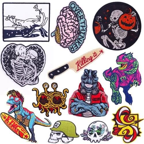 Nicediy Punk Skull Dinosaur Patch Stickers On Clothes Patch Jacket Embroidered Patches For Clothing Badge Applique Sewing Diy