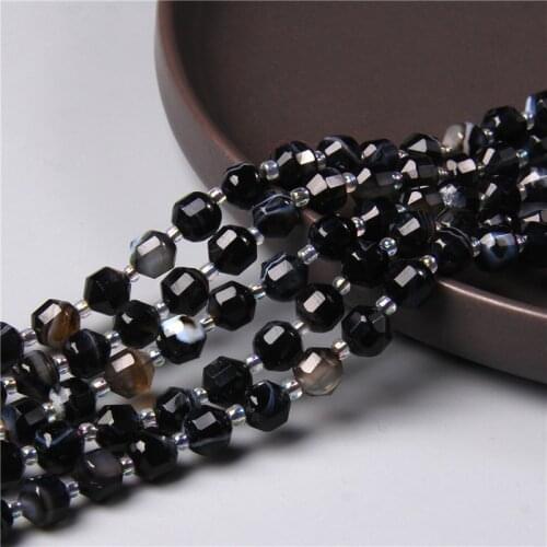 Natural Faceted Black Striped Agates Stone Beads Cylinder Column Shape Loose Spacer Beads Charms for Jewelry Making DIY Bracelet