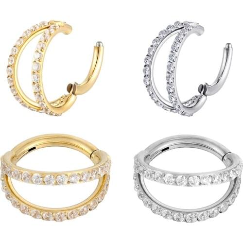 New G23 Titanium Earring Hinged Segment stone Piercing Zircon 2 Fans Out Design Side Nose Ring Stud Cartilage Helix Body Jewelry