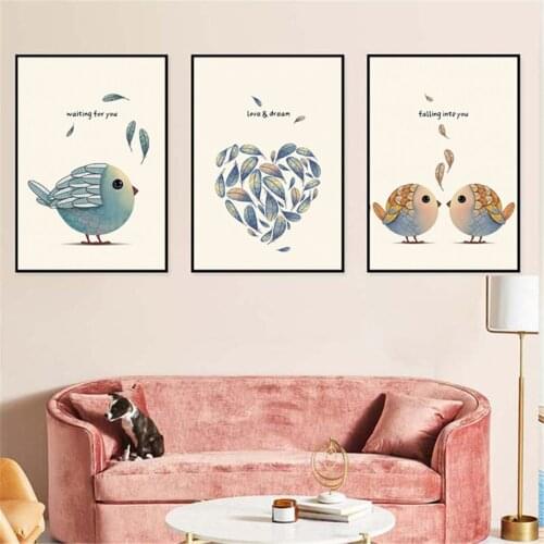 Nordic Frameless Posters Cartoon Sparrow Birds Feathers Quotes Picture Canvas Print Painting Wall Art Kids Bedroom Home Decor