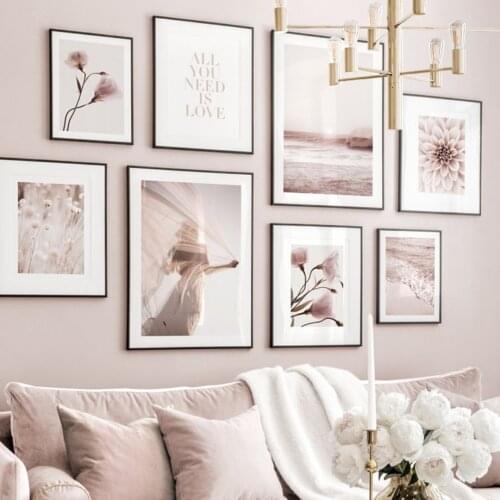 Beach Wave Sunset Girl Pink Pastel Flower Grass Nordic Poster Wall Art Print Canvas Painting Decoration Pictures For Living Room