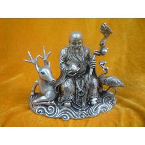 Rare old Qing Dynasty silver Statue /Sculpture----the god of longevity , carving deer & cane, with mark. free shipping