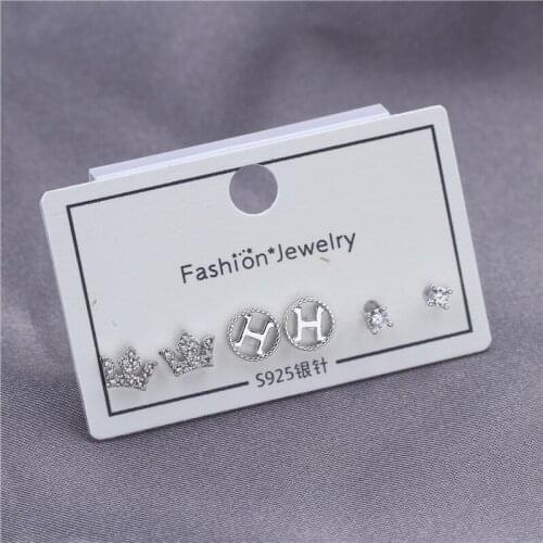 S999 Silver Needle Exquisitely Inlaid Star Crown Zircon Three Pairs of Earrings Simple and Versatile Little Girls Earrings C