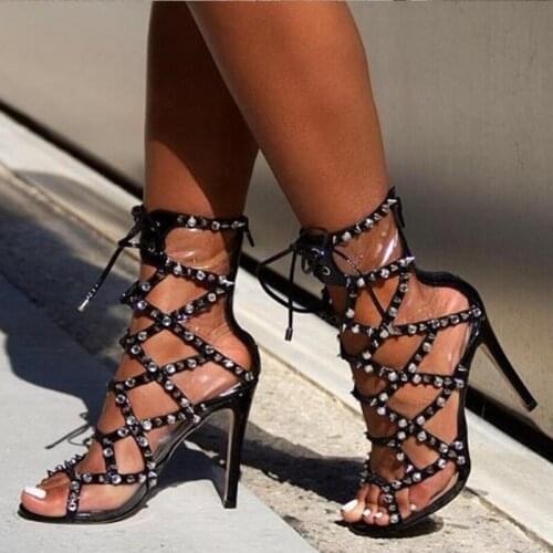 Newest Silver Rivets Strappy Sandals Hollow Clear PVC Transparent Cage Shoes High Heels Peep Toe Lace-up Spikes Gladiator Shoes