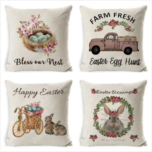 Happy Easter Cushion Cover Cute Bunny Rabbit Color Eggs Flower Pillowcase Home Decor Pillow Cover For Sofa Bedroom Office