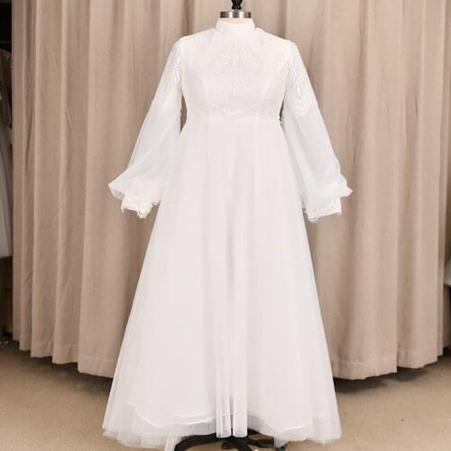 Detachable Overskirt Train Wedding Bridal Dress Plus Size High Neck Lace Long Sleeve 2021 New Bridal Gown Vestido De Noiva #8108
