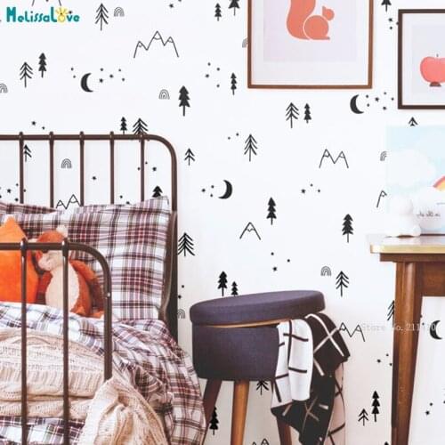 Three Mountain Moon Satr Nordic Style Woodland Wall Decals Nursery Kids Baby Room Décor Forest Art Murals Vinyl YT5049