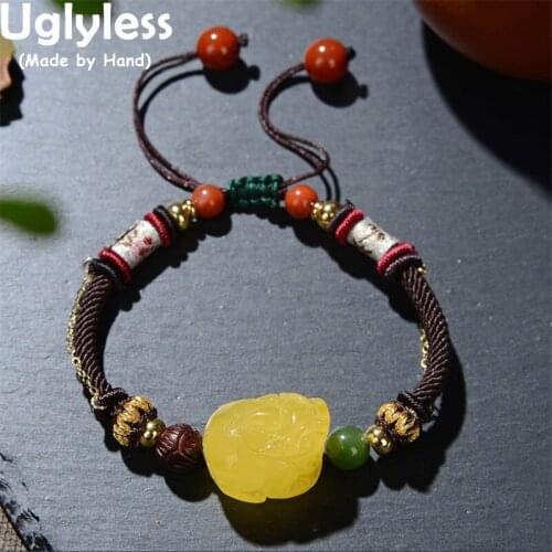 Uglyless Infinity Ethnic Rope Bracelets for Women Natural Amber Beeswax Brave Troops Animals Bracelets 925 Silver Eastern Jewel
