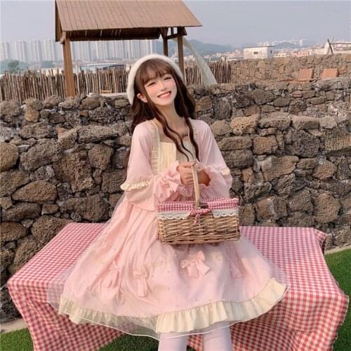 Japanese Kawaii Loose Lolita Dress Long Sleeve Mesh Fairy Lolita Dresses Princess Party Dress Sweet Cos Loli
