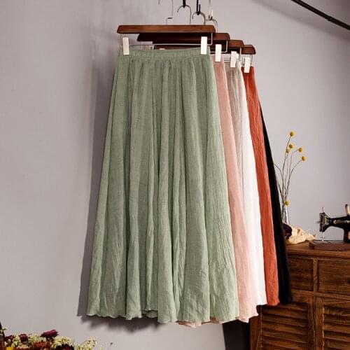 Cotton Linen Maxi Skirt Women Skirt Spring Summer Elastic Waist Vintage Solid Pleated Long Skirts Mori Girl Boho Beach Skirt