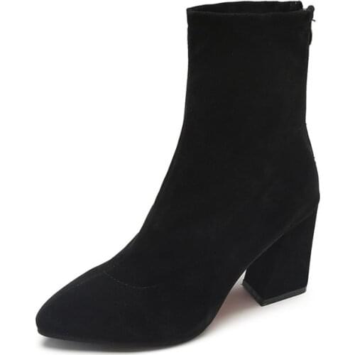 Women Autumn Winter Flock Ankle Boots Slip-on Round Toe Square Heel Solid Casual Black Camel Booties Size 35-43