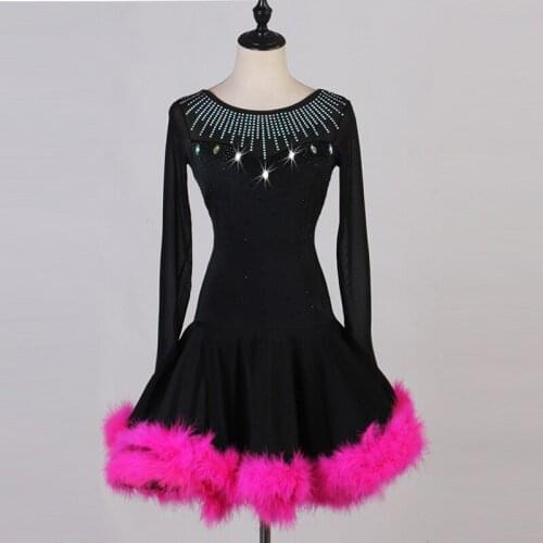 Female Latin Dance Costumes Rose Red Feather Black Long Sleeve Latin Practice Dress Ballroom Dance Competition Dresses DQL2933
